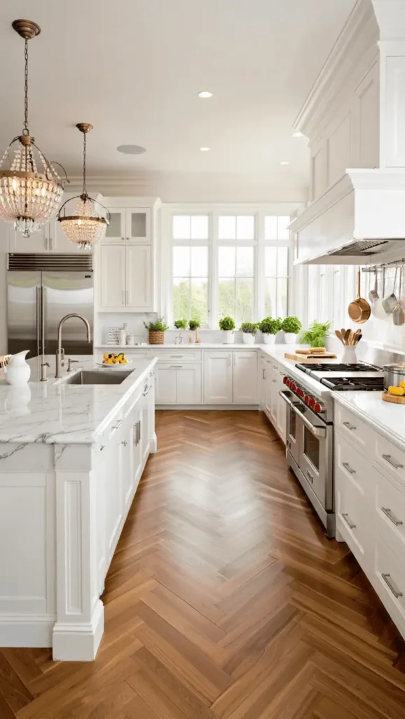 A luxurious modern kitchen with sleek, minimalist design. A large central island with a gleaming marble countertop dominates the foreground, surrounded by state-of-the-art appliances finished in matte black. Sunlight streams in through floor-to-ceiling windows, casting a warm glow on the pale wood cabinetry and creating dramatic shadows. In the background, a sculptural light fixture hovers above the dining area, adding an elegant touch. The overall atmosphere exudes sophistication and attention to detail, capturing the essence of the top luxury kitchen trends for 2023. luxury kitchen designs