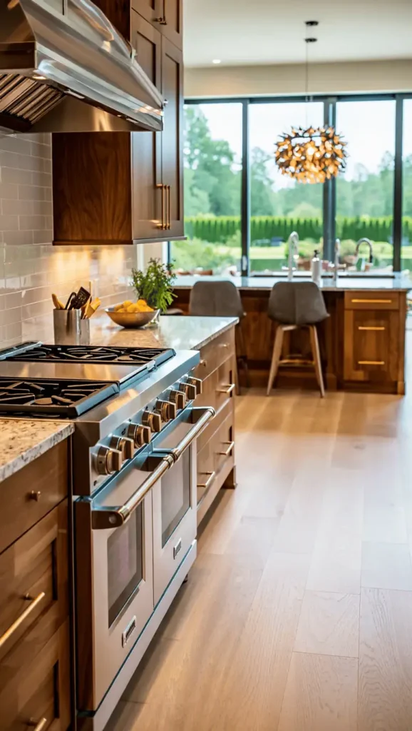 A luxurious modern kitchen with premium materials and finishes. The foreground features high-end stainless steel appliances, sleek granite countertops, and a professional-grade gas range. The middle ground showcases rich hardwood cabinets with polished brass hardware, complemented by a dramatic statement pendant light fixture. In the background, floor-to-ceiling windows flood the space with natural light, offering a panoramic view of a lush, manicured garden. The overall atmosphere exudes sophistication, elegance, and attention to detail, conveying the essence of a truly exceptional luxury kitchen. luxury kitchen designs