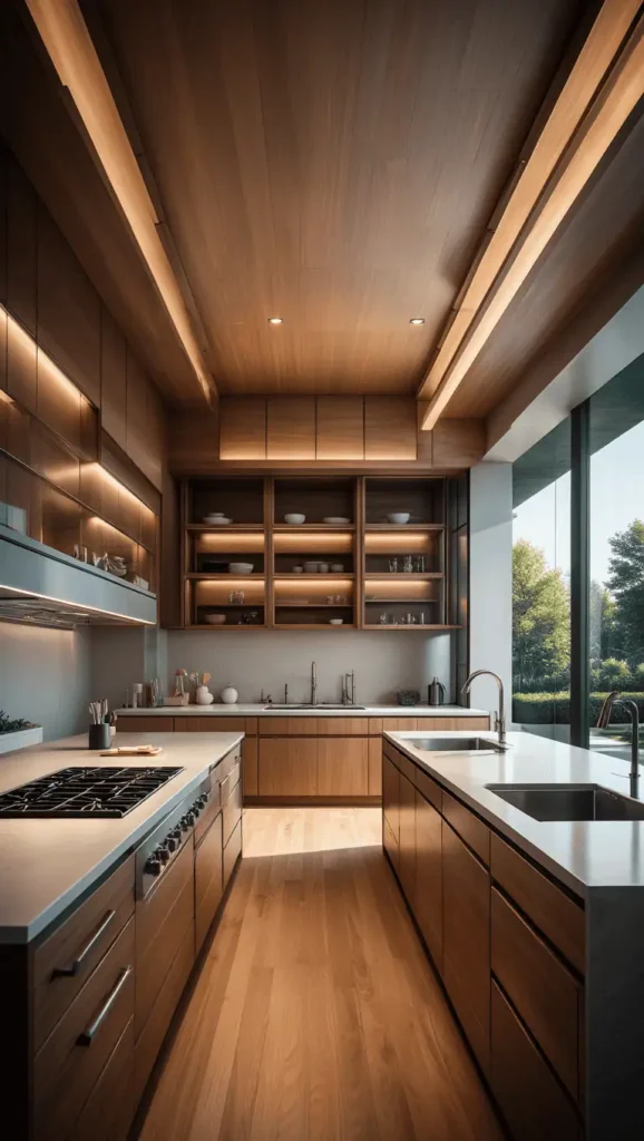 A luxurious kitchen island, bathed in warm, soft lighting that casts a gentle glow across the polished stone countertop. The island is adorned with sleek, minimalist cabinetry in a rich, dark wood, creating a striking contrast against the bright, airy kitchen. Strategically placed pendant lights hang overhead, their metallic accents gleaming. The island's smooth, clean lines and elegant design are the centerpiece of this sophisticated culinary haven, beckoning the viewer to imagine preparing gourmet meals or entertaining guests in this stunning, high-end kitchen. luxury kitchen designs