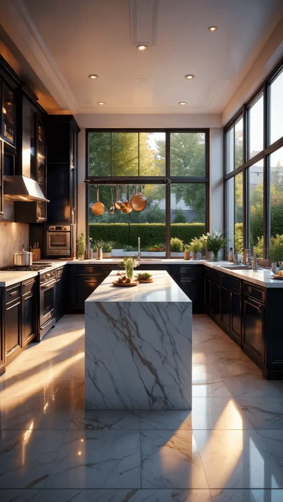 A luxurious kitchen with a sophisticated color palette. The foreground features rich, glossy cabinetry in deep, jewel-toned hues, complemented by sleek, polished marble countertops that reflect the warm, ambient lighting. The middle ground showcases a large, double-sided island with a waterfall edge, providing ample space for meal preparation and entertaining. In the background, floor-to-ceiling windows flood the space with natural light, casting a soft, golden glow and revealing a breathtaking view of a lush, manicured garden. The overall atmosphere is one of elegance, refinement, and a harmonious balance between luxurious materials and natural elements. luxury kitchen designs