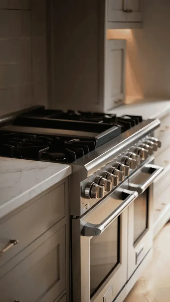 A sophisticated kitchen interior with high-end stainless steel appliances arranged in a clean, minimalist layout. In the foreground, a sleek induction cooktop and oven with polished chrome accents stand out against a backdrop of gleaming white marble countertops. In the middle ground, a state-of-the-art refrigerator with a brushed metal finish blends seamlessly into the modern cabinetry. Indirect lighting casts a warm, ambient glow, creating a luxurious, professional-grade atmosphere. The scene is captured from a low angle, emphasizing the scale and grandeur of the kitchen appliances as the focal point, set against a neutral color palette for maximum visual impact. luxury kitchen designs