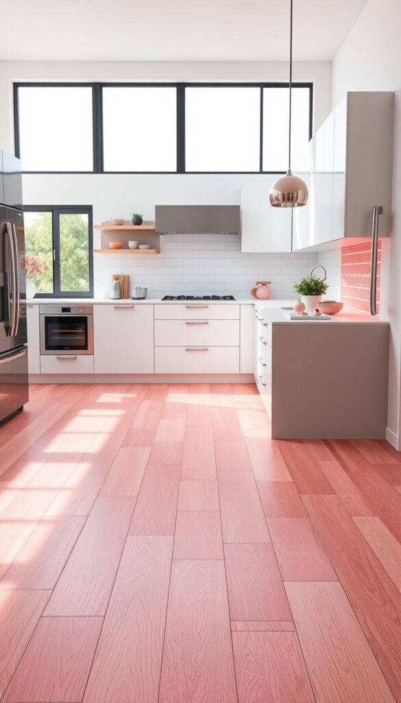 high-quality, detailed, photorealistic, well-lit, professionally shot image of a variety of pink kitchen flooring options, including tile, hardwood, and vinyl, showcased in a modern, minimalist kitchen interior with white walls, sleek cabinets, and natural lighting from large windows. The flooring options should be displayed prominently, allowing the viewer to clearly see the different textures, patterns, and shades of pink. The overall composition should be visually appealing, highlighting the beauty and versatility of pink as a kitchen flooring choice. high-quality, detailed, photorealistic, well-lit, professionally shot image of a variety of pink kitchen flooring options, including tile, hardwood, and vinyl, showcased in a modern, minimalist kitchen interior with white walls, sleek cabinets, and natural lighting from large windows. The flooring options should be displayed prominently, allowing the viewer to clearly see the different textures, patterns, and shades of pink. The overall composition should be visually appealing, highlighting the beauty and versatility of pink as a kitchen flooring choice.