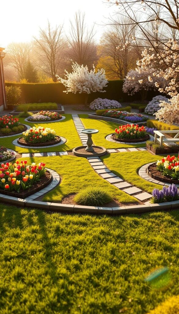 spring garden layout design, showing a detailed landscape plan with planting beds, flower borders, walkways, and a central focal point such as a birdbath or small fountain. The scene is bathed in warm, golden afternoon sunlight, casting long shadows and highlighting the vibrant colors of blooming spring flowers - tulips, daffodils, hyacinths, and cherry blossoms. The layout has a harmonious, symmetrical design with a sense of balance and proportion. The foreground features lush, manicured lawn, the middle ground has raised planting beds edged with decorative stones, and the background has clusters of flowering trees and shrubs. An overall atmosphere of tranquility, renewal, and natural beauty. spring garden layout design, showing a detailed landscape plan with planting beds, flower borders, walkways, and a central focal point such as a birdbath or small fountain. The scene is bathed in warm, golden afternoon sunlight, casting long shadows and highlighting the vibrant colors of blooming spring flowers - tulips, daffodils, hyacinths, and cherry blossoms. The layout has a harmonious, symmetrical design with a sense of balance and proportion. The foreground features lush, manicured lawn, the middle ground has raised planting beds edged with decorative stones, and the background has clusters of flowering trees and shrubs. An overall atmosphere of tranquility, renewal, and natural beauty.