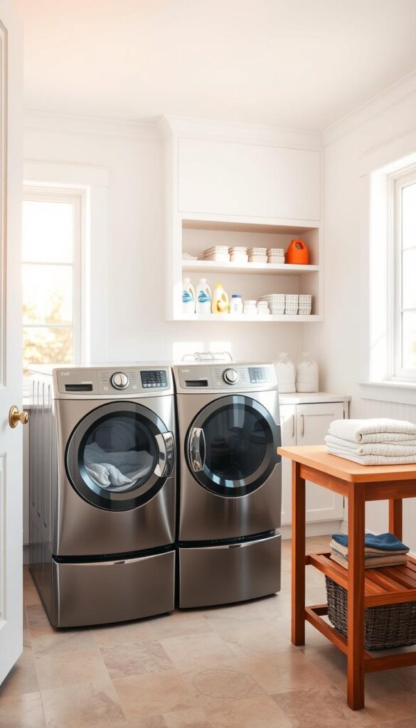 A bright, well-lit laundry room interior with a modern and organized layout. In the foreground, a high-efficiency front-loading washer and dryer in a sleek, stainless steel finish sit side-by-side. The washer has a large, transparent door, showcasing the tumbling clothes inside. Nearby, a sturdy folding table provides ample space for sorting and folding clean laundry. In the middle ground, a built-in shelving unit houses neatly arranged detergents, fabric softeners, and other laundry essentials. The background features neutral-toned tile flooring and bright white walls, creating a clean, minimalist aesthetic. Warm, natural lighting from large windows illuminates the room, highlighting the efficient and practical design of the laundry appliances. A bright, well-lit laundry room interior with a modern and organized layout. In the foreground, a high-efficiency front-loading washer and dryer in a sleek, stainless steel finish sit side-by-side. The washer has a large, transparent door, showcasing the tumbling clothes inside. Nearby, a sturdy folding table provides ample space for sorting and folding clean laundry. In the middle ground, a built-in shelving unit houses neatly arranged detergents, fabric softeners, and other laundry essentials. The background features neutral-toned tile flooring and bright white walls, creating a clean, minimalist aesthetic. Warm, natural lighting from large windows illuminates the room, highlighting the efficient and practical design of the laundry appliances.