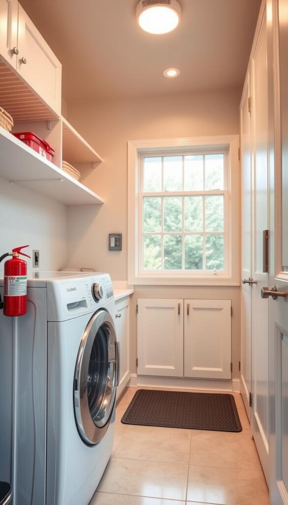 A bright, well-lit laundry room with clean, organized shelves and cabinets. In the foreground, a stacked washer and dryer, their surfaces gleaming. A fire extinguisher and first aid kit are prominently displayed, ensuring safety measures are in place. The middle ground features a sturdy, non-slip floor mat and a clearly visible circuit breaker panel. The background showcases ample natural light from large windows, complemented by soft, warm overhead lighting. The overall atmosphere conveys a sense of order, cleanliness, and a keen attention to detail in maintaining a safe and functional laundry space. A bright, well-lit laundry room with clean, organized shelves and cabinets. In the foreground, a stacked washer and dryer, their surfaces gleaming. A fire extinguisher and first aid kit are prominently displayed, ensuring safety measures are in place. The middle ground features a sturdy, non-slip floor mat and a clearly visible circuit breaker panel. The background showcases ample natural light from large windows, complemented by soft, warm overhead lighting. The overall atmosphere conveys a sense of order, cleanliness, and a keen attention to detail in maintaining a safe and functional laundry space.