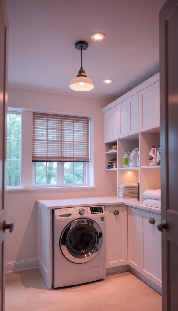 A cozy and well-organized laundry room with a clean, minimalist aesthetic. The foreground features a front-loading washer and dryer set in a sleek, white color scheme, neatly arranged with ample counter space for folding. The middle ground showcases custom built-in storage cabinets and shelves, efficiently storing detergents, fabric softeners, and other laundry essentials. The background reveals a bright, airy space with large windows allowing natural light to flood the room, creating a serene and inviting atmosphere. The lighting is a combination of task-focused pendant fixtures and subtle recessed lighting, casting a warm glow throughout. The overall mood is one of calmness and productivity, reflecting the thoughtful design and layout of this small but functional laundry room. A cozy and well-organized laundry room with a clean, minimalist aesthetic. The foreground features a front-loading washer and dryer set in a sleek, white color scheme, neatly arranged with ample counter space for folding. The middle ground showcases custom built-in storage cabinets and shelves, efficiently storing detergents, fabric softeners, and other laundry essentials. The background reveals a bright, airy space with large windows allowing natural light to flood the room, creating a serene and inviting atmosphere. The lighting is a combination of task-focused pendant fixtures and subtle recessed lighting, casting a warm glow throughout. The overall mood is one of calmness and productivity, reflecting the thoughtful design and layout of this small but functional laundry room.