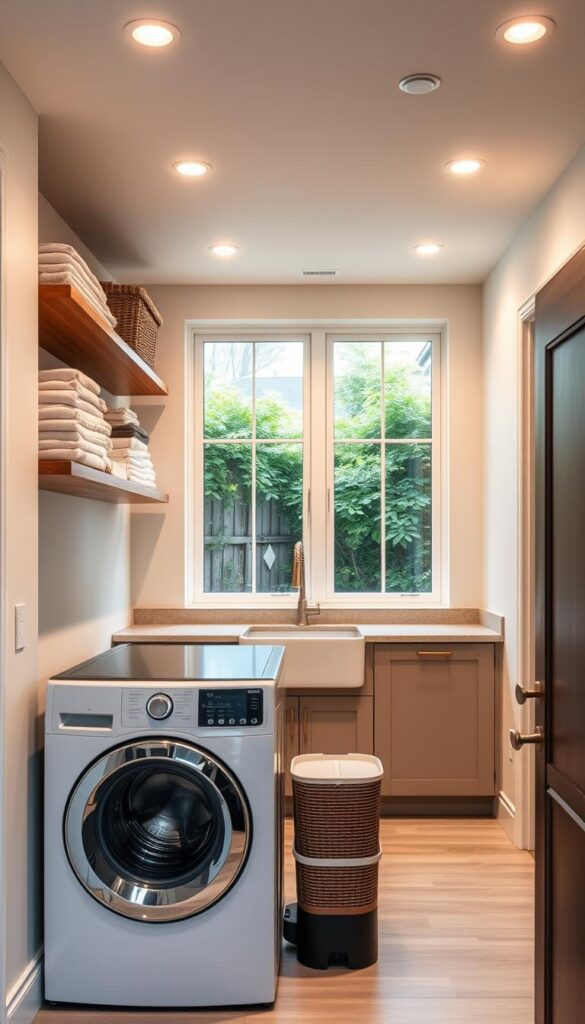 A cozy, well-organized laundry room with smart storage solutions. In the foreground, a front-loading washer and dryer sit side-by-side, their clean lines and muted colors complementing the room's minimalist aesthetic. Floating shelves above hold neatly folded linens and baskets for sorting. The middle ground features a compact utility sink and countertop, providing ample workspace for folding and prepping clothes. Soft, diffused lighting from recessed ceiling fixtures casts a warm glow, while large windows in the background offer natural illumination and a glimpse of a lush, verdant garden outside. The overall atmosphere conveys a sense of efficiency and tranquility, perfect for streamlining the laundry process. A cozy, well-organized laundry room with smart storage solutions. In the foreground, a front-loading washer and dryer sit side-by-side, their clean lines and muted colors complementing the room's minimalist aesthetic. Floating shelves above hold neatly folded linens and baskets for sorting. The middle ground features a compact utility sink and countertop, providing ample workspace for folding and prepping clothes. Soft, diffused lighting from recessed ceiling fixtures casts a warm glow, while large windows in the background offer natural illumination and a glimpse of a lush, verdant garden outside. The overall atmosphere conveys a sense of efficiency and tranquility, perfect for streamlining the laundry process.