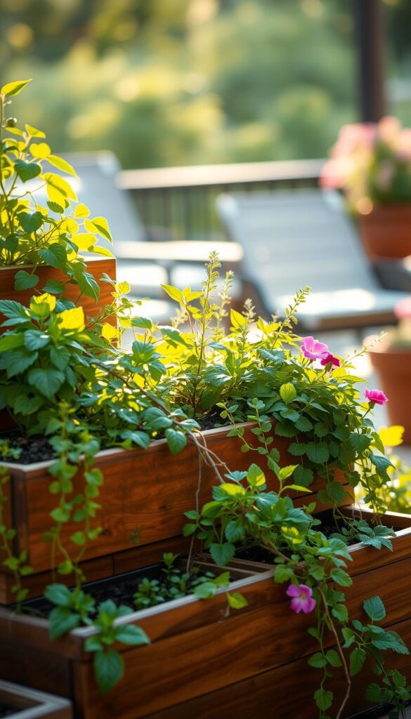 A tiered container garden with lush greenery spilling over the edges, illuminated by warm, natural light. In the foreground, a set of wooden planter boxes arranged in a stepped formation, their varying heights creating visual interest. Middle ground features a mix of leafy herbs, trailing vines, and colorful blooms cascading down the tiers. In the background, a subtle blurred backdrop of a tranquil outdoor space, perhaps a patio or deck, adding to the serene ambiance. The overall scene conveys a sense of harmony, inviting the viewer to envision the therapeutic benefits of cultivating a versatile and space-efficient garden. A tiered container garden with lush greenery spilling over the edges, illuminated by warm, natural light. In the foreground, a set of wooden planter boxes arranged in a stepped formation, their varying heights creating visual interest. Middle ground features a mix of leafy herbs, trailing vines, and colorful blooms cascading down the tiers. In the background, a subtle blurred backdrop of a tranquil outdoor space, perhaps a patio or deck, adding to the serene ambiance. The overall scene conveys a sense of harmony, inviting the viewer to envision the therapeutic benefits of cultivating a versatile and space-efficient garden.