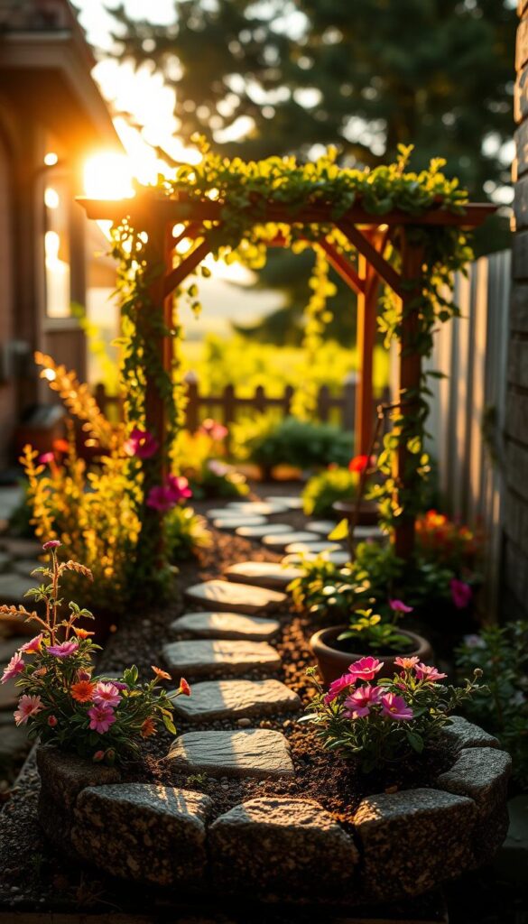 A tiny, enchanting garden nestled in a cozy backyard, bathed in warm, golden afternoon light. In the foreground, miniature flowering plants spill over the edges of a quaint stone planter, their vibrant petals catching the sun's gentle rays. In the middle ground, a winding stone path leads the eye towards a whimsical, wooden arbor draped with cascading vines, creating the illusion of a lush, boundless space. Beyond, a softly blurred background hints at towering trees and a distant horizon, further enhancing the sense of depth and expansiveness within this compact oasis. The overall scene exudes a serene, tranquil atmosphere, inviting the viewer to lose themselves in the captivating illusion of a larger, more expansive backyard. A tiny, enchanting garden nestled in a cozy backyard, bathed in warm, golden afternoon light. In the foreground, miniature flowering plants spill over the edges of a quaint stone planter, their vibrant petals catching the sun's gentle rays. In the middle ground, a winding stone path leads the eye towards a whimsical, wooden arbor draped with cascading vines, creating the illusion of a lush, boundless space. Beyond, a softly blurred background hints at towering trees and a distant horizon, further enhancing the sense of depth and expansiveness within this compact oasis. The overall scene exudes a serene, tranquil atmosphere, inviting the viewer to lose themselves in the captivating illusion of a larger, more expansive backyard.