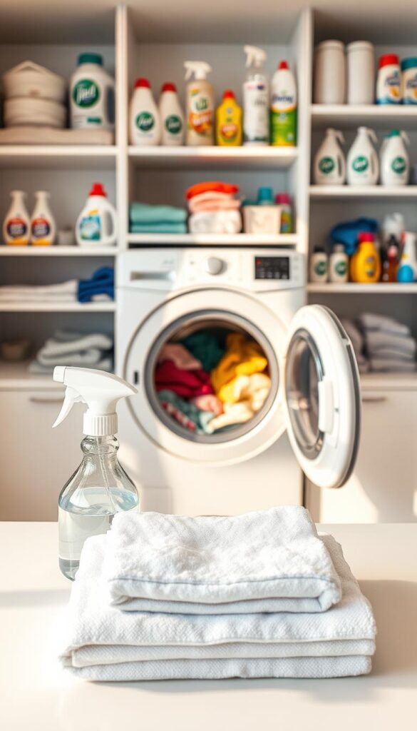 A well-lit, meticulously organized laundry room showcases various stain removal techniques. In the foreground, a set of clean, neatly folded towels and a spray bottle of stain remover sit atop a pristine white counter. The middle ground features an open washing machine, its door ajar, revealing a colorful array of fabrics undergoing the cleaning process. In the background, shelves display an assortment of laundry detergents, fabric softeners, and other cleaning supplies, all arranged in a visually appealing manner. The lighting is soft and natural, casting a warm, inviting glow throughout the space. The overall atmosphere conveys a sense of efficiency, organization, and the mastery of effective stain removal techniques. A well-lit, meticulously organized laundry room showcases various stain removal techniques. In the foreground, a set of clean, neatly folded towels and a spray bottle of stain remover sit atop a pristine white counter. The middle ground features an open washing machine, its door ajar, revealing a colorful array of fabrics undergoing the cleaning process. In the background, shelves display an assortment of laundry detergents, fabric softeners, and other cleaning supplies, all arranged in a visually appealing manner. The lighting is soft and natural, casting a warm, inviting glow throughout the space. The overall atmosphere conveys a sense of efficiency, organization, and the mastery of effective stain removal techniques.