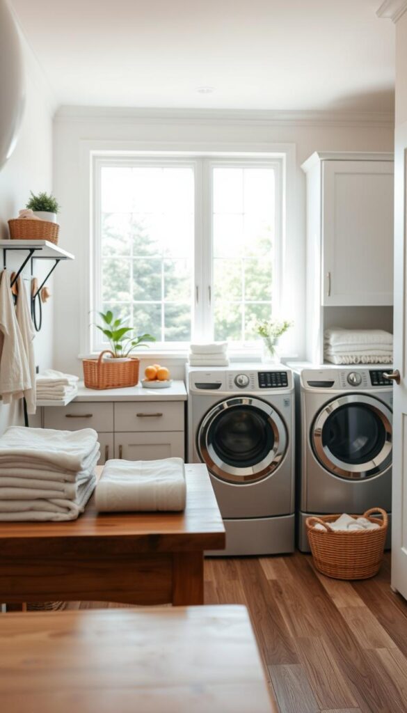 A well-organized laundry room with a bright, airy ambiance. In the foreground, a wooden folding table is adorned with neatly folded towels and baskets filled with laundry essentials. Mid-ground features a modern, front-loading washer and dryer set, complemented by sleek, minimalist cabinetry. The background showcases a large window allowing natural light to flood the space, creating a warm, inviting atmosphere. Subtle pops of color, such as potted plants and decorative accents, add a touch of personality. The overall composition conveys a sense of efficiency, organization, and a welcoming, functional laundry area. A well-organized laundry room with a bright, airy ambiance. In the foreground, a wooden folding table is adorned with neatly folded towels and baskets filled with laundry essentials. Mid-ground features a modern, front-loading washer and dryer set, complemented by sleek, minimalist cabinetry. The background showcases a large window allowing natural light to flood the space, creating a warm, inviting atmosphere. Subtle pops of color, such as potted plants and decorative accents, add a touch of personality. The overall composition conveys a sense of efficiency, organization, and a welcoming, functional laundry area.