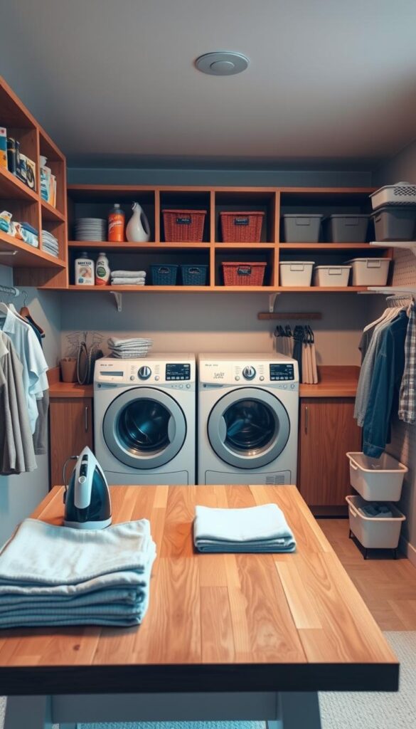 A cozy and well-organized laundry room with clean white walls, a navy blue front-loading washer and dryer set, and a custom-built shelving unit in a light wood tone. The room is illuminated by warm recessed lighting, casting a soft glow. In the foreground, there is a sleek, minimalist laundry folding station with a marble top. The middle ground features a set of decorative wicker baskets for storage, while the background showcases a large window that allows natural light to flood the space, creating a bright and airy atmosphere. The overall aesthetic blends function and style, making the laundry room a visually appealing and practical part of the home. A well-organized laundry room with a centralized folding and ironing station. The foreground features a sturdy wooden tabletop with a built-in ironing board, accompanied by a neatly folded stack of freshly laundered clothes. Overhead, a series of custom shelves and cabinets provide ample storage space for detergents, stain removers, and other laundry essentials. The room is bathed in warm, diffused lighting, creating a cozy and inviting atmosphere. The middle ground showcases a compact, efficient washing machine and dryer duo, seamlessly integrated into the overall design. The background subtly hints at additional organizational elements, such as labeled bins, hanging rods, and a pegboard system, all contributing to a harmonious and functional laundry oasis.